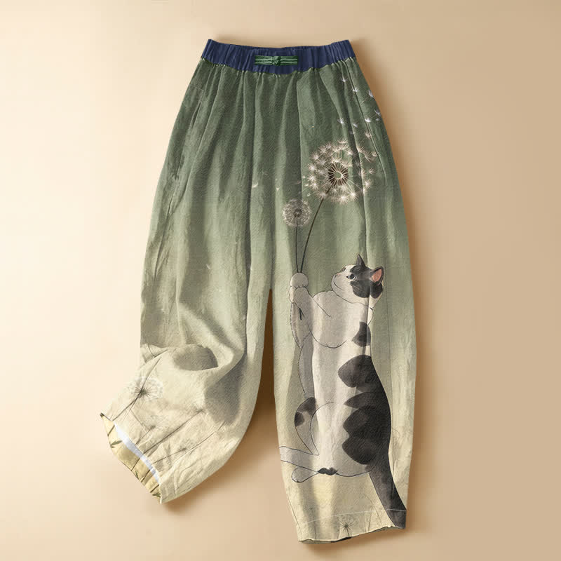 Buddha Stones Pantalones harem de algodón puro con estampado de gato juguetón y diente de león, botones de rana y cintura elástica para mujer, con bolsillos. - Verde oliva - US16，UK/AU20，EU48 (3XL) - image 5