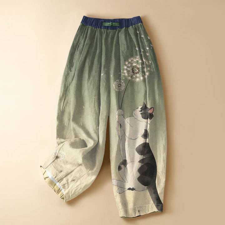 Buddha Stones Pantalones harem de algodón puro con estampado de gato juguetón y diente de león, botones de rana y cintura elástica para mujer, con bolsillos. - Verde oliva - US16，UK/AU20，EU48 (3XL) - image 5