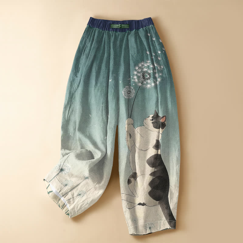 Buddha Stones Pantalones harem de algodón puro con estampado de gato juguetón y diente de león, botones de rana y cintura elástica para mujer, con bolsillos. - Verde azulado - US16，UK/AU20，EU48 (3XL) - image 7