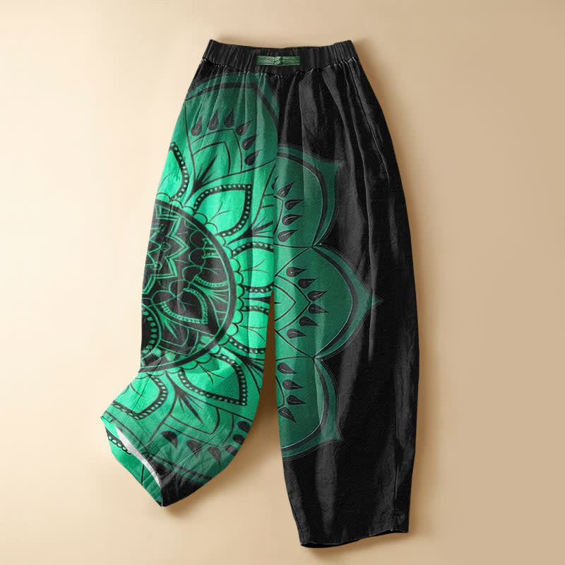 Buddha Stones Pantalones harem de algodón puro con estampado floral de mandala bohemio, botones de rana, cintura elástica y bolsillos para mujer. - Negro - US16，UK/AU20，EU48 (3XL) - image 0