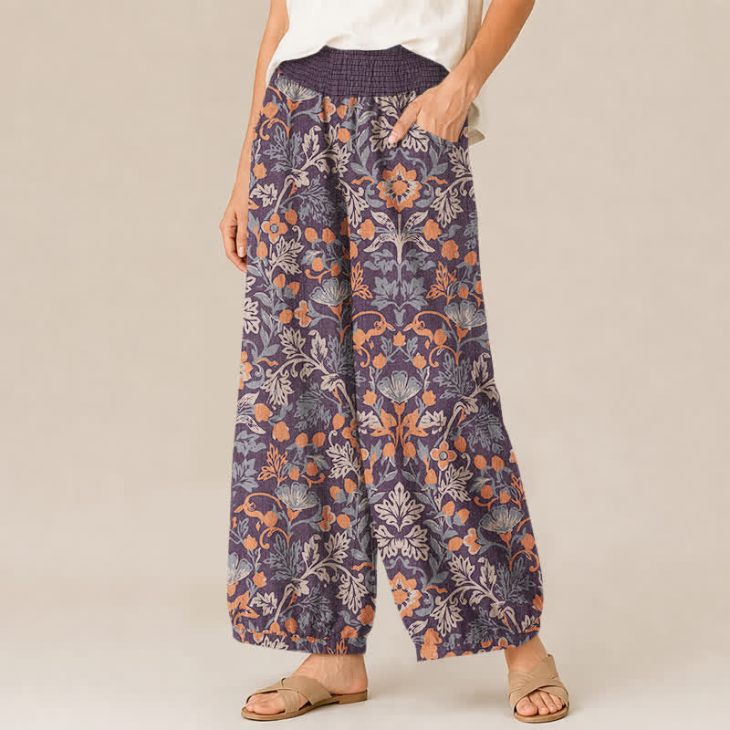 Buddha Stones Pantalones harem de algodón con estampado floral de enredaderas, cintura elástica plisada y bolsillos para mujer. - image 1