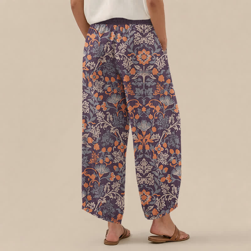 Buddha Stones Pantalones harem de algodón con estampado floral de enredaderas, cintura elástica plisada y bolsillos para mujer. - image 2