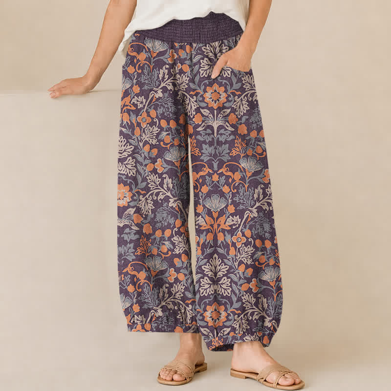 Buddha Stones Pantalones harem de algodón con estampado floral de enredaderas, cintura elástica plisada y bolsillos para mujer. - Marrón silla de montar - US16，UK/AU20，EU48 (3XL) - image 0