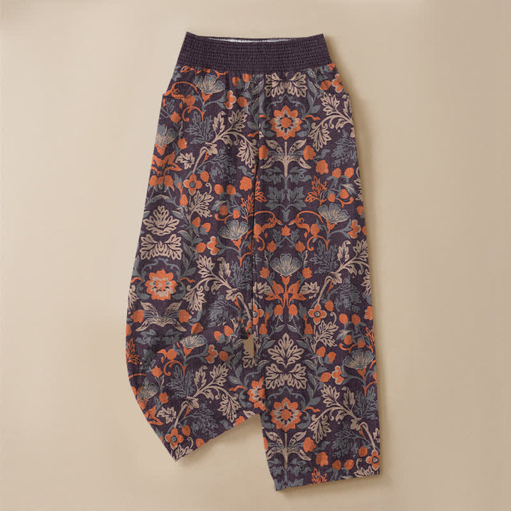 Buddha Stones Pantalones harem de algodón con estampado floral de enredaderas, cintura elástica plisada y bolsillos para mujer. - image 3