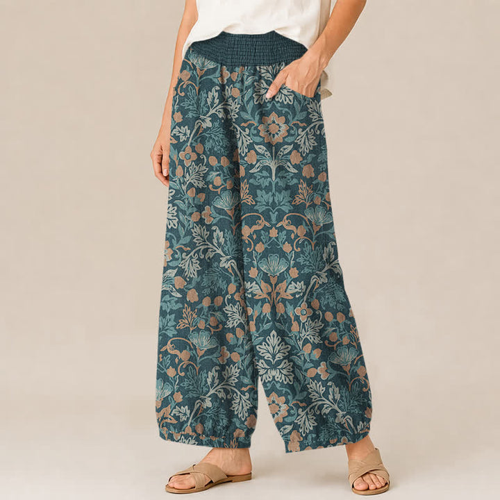 Buddha Stones Pantalones harem de algodón con estampado floral de enredaderas, cintura elástica plisada y bolsillos para mujer. - image 7