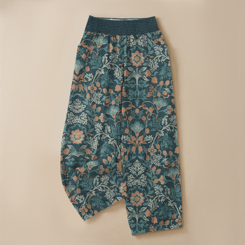 Buddha Stones Pantalones harem de algodón con estampado floral de enredaderas, cintura elástica plisada y bolsillos para mujer. - image 9