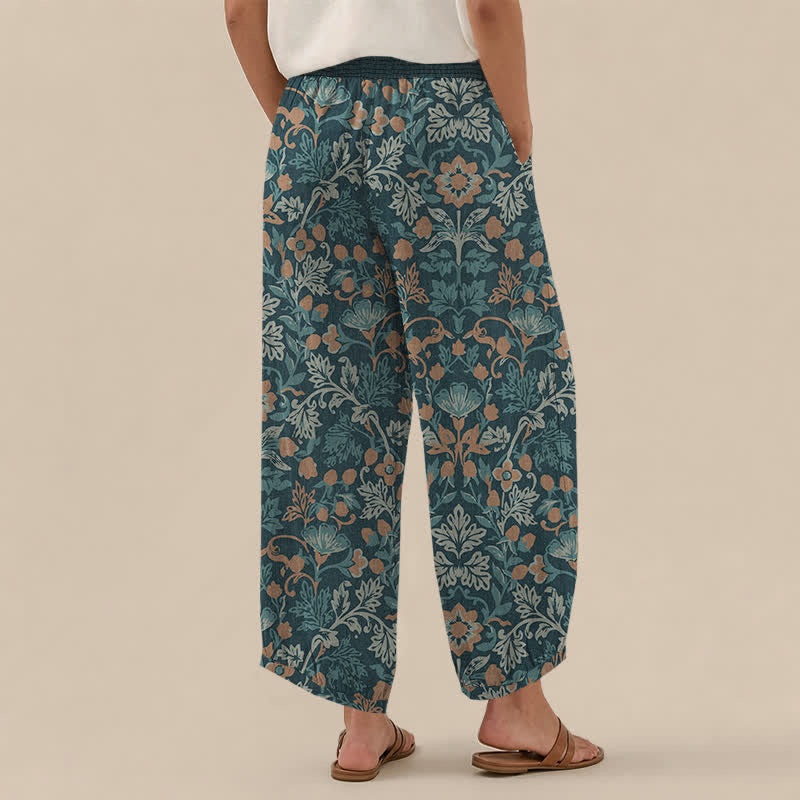 Buddha Stones Pantalones harem de algodón con estampado floral de enredaderas, cintura elástica plisada y bolsillos para mujer. - image 8