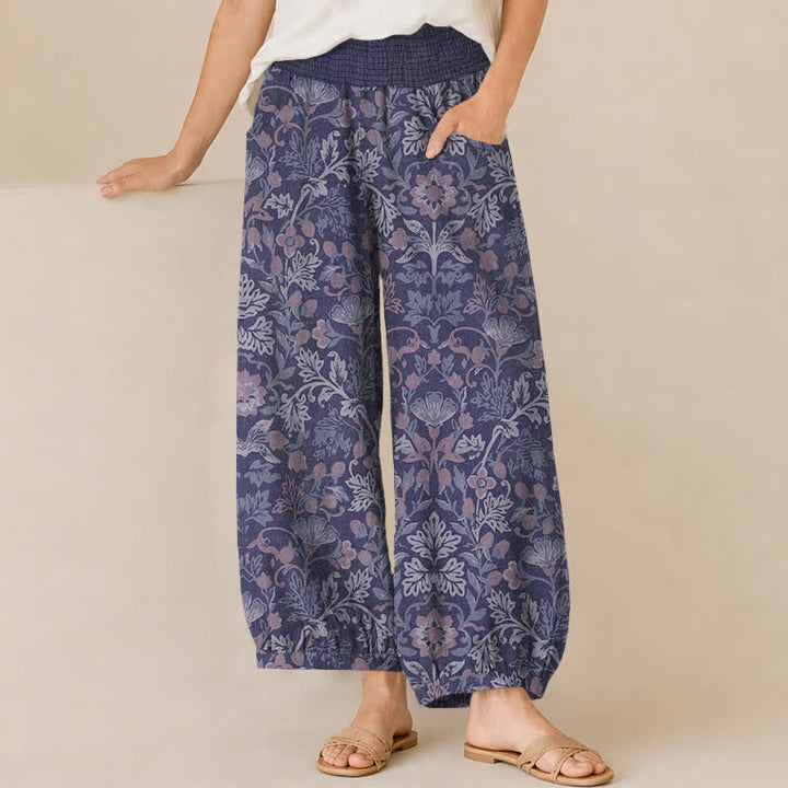 Buddha Stones Pantalones harem de algodón con estampado floral de enredaderas, cintura elástica plisada y bolsillos para mujer. - Morado medio - US16，UK/AU20，EU48 (3XL) - image 10
