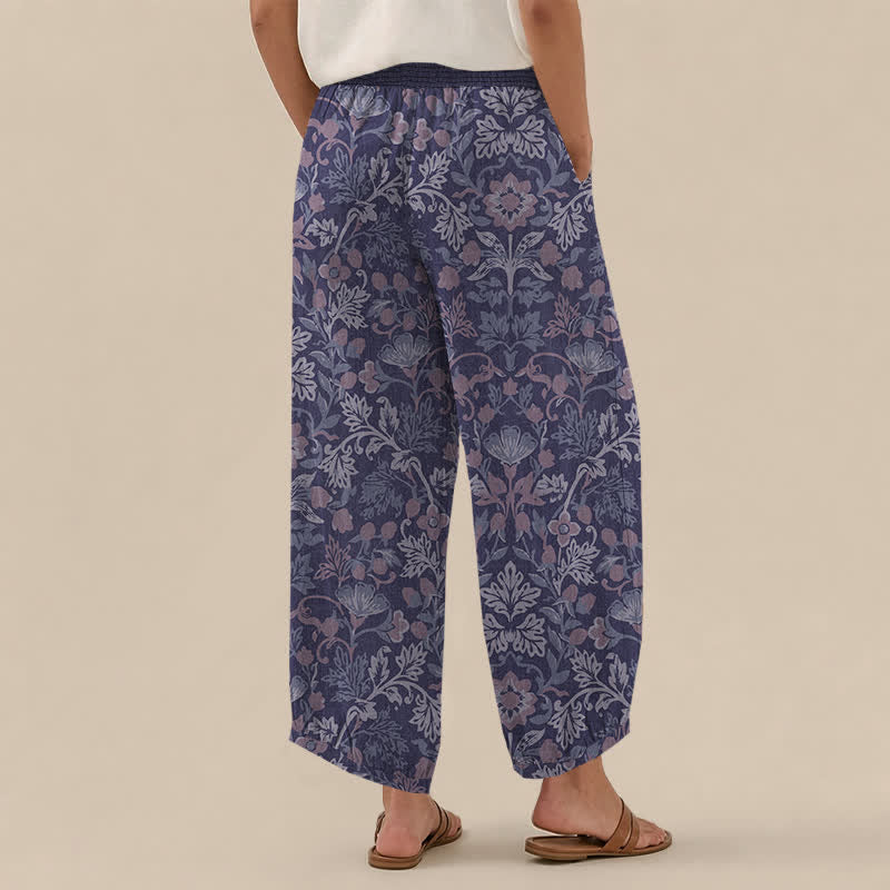 Buddha Stones Pantalones harem de algodón con estampado floral de enredaderas, cintura elástica plisada y bolsillos para mujer. - image 12