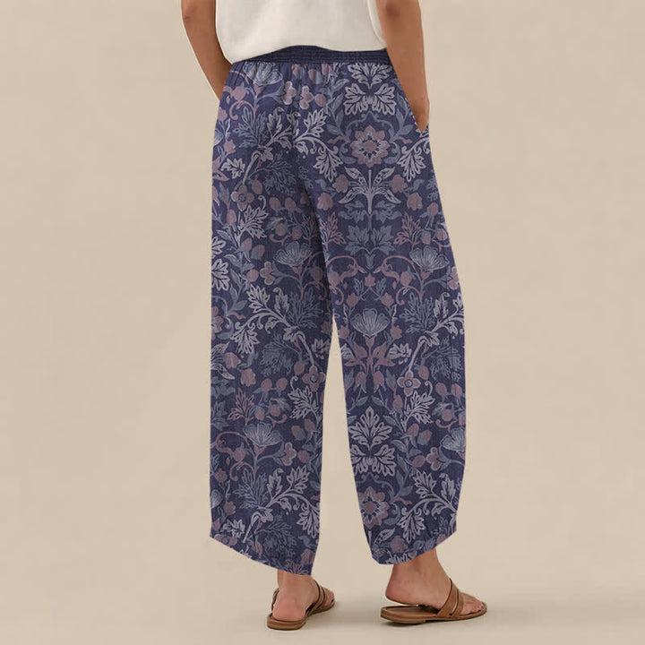 Buddha Stones Pantalones harem de algodón con estampado floral de enredaderas, cintura elástica plisada y bolsillos para mujer. - image 12