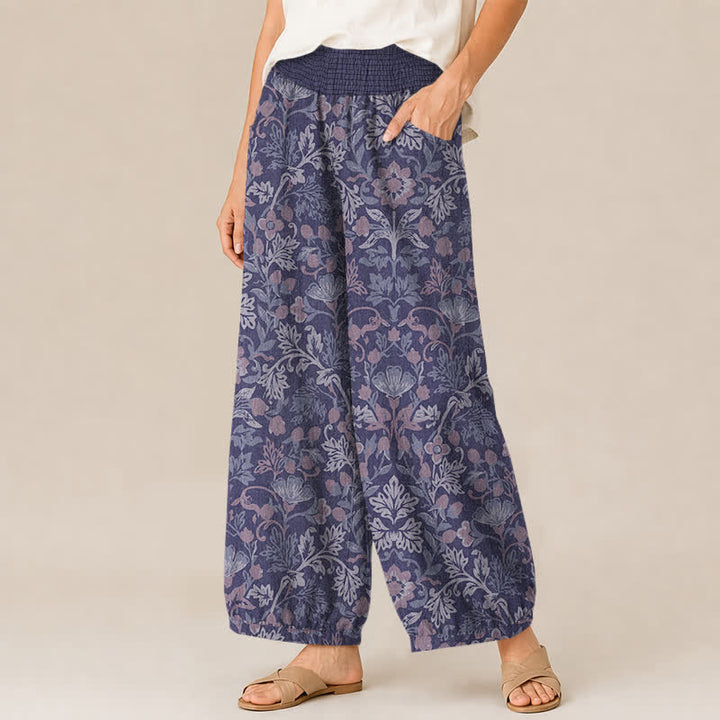 Buddha Stones Pantalones harem de algodón con estampado floral de enredaderas, cintura elástica plisada y bolsillos para mujer. - image 11