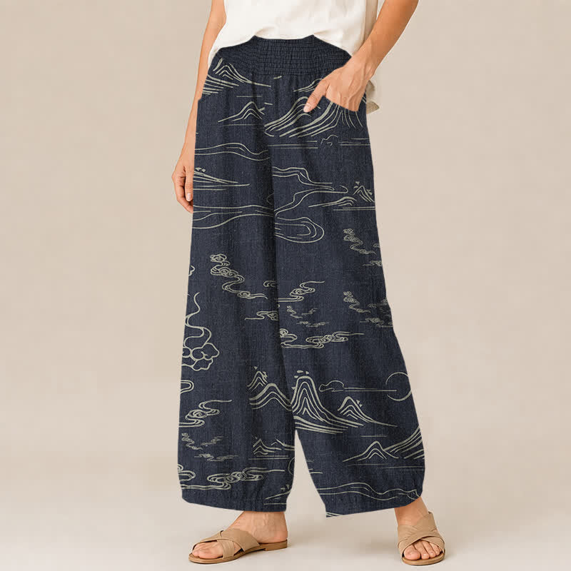Buddha Stones Pantalones harem para mujer con estampado de nubes auspiciosas de Cotton Mountain Moon, cintura elástica plisada y bolsillos. - image 1