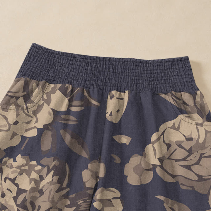 Buddha Stones Pantalones harem de algodón vintage con estampado de peonías y hojas, cintura elástica plisada y bolsillos para mujer. - image 4