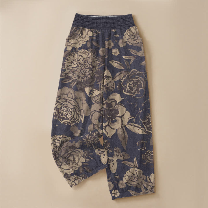 Buddha Stones Pantalones harem de algodón vintage con estampado de peonías y hojas, cintura elástica plisada y bolsillos para mujer. - image 3