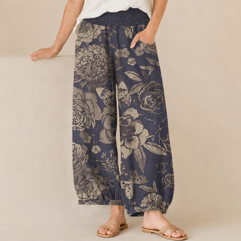 Buddha Stones Pantalones harem de algodón vintage con estampado de peonías y hojas, cintura elástica plisada y bolsillos para mujer. - Azul pizarra oscuro - US16，UK/AU20，EU48 (3XL) - image 0