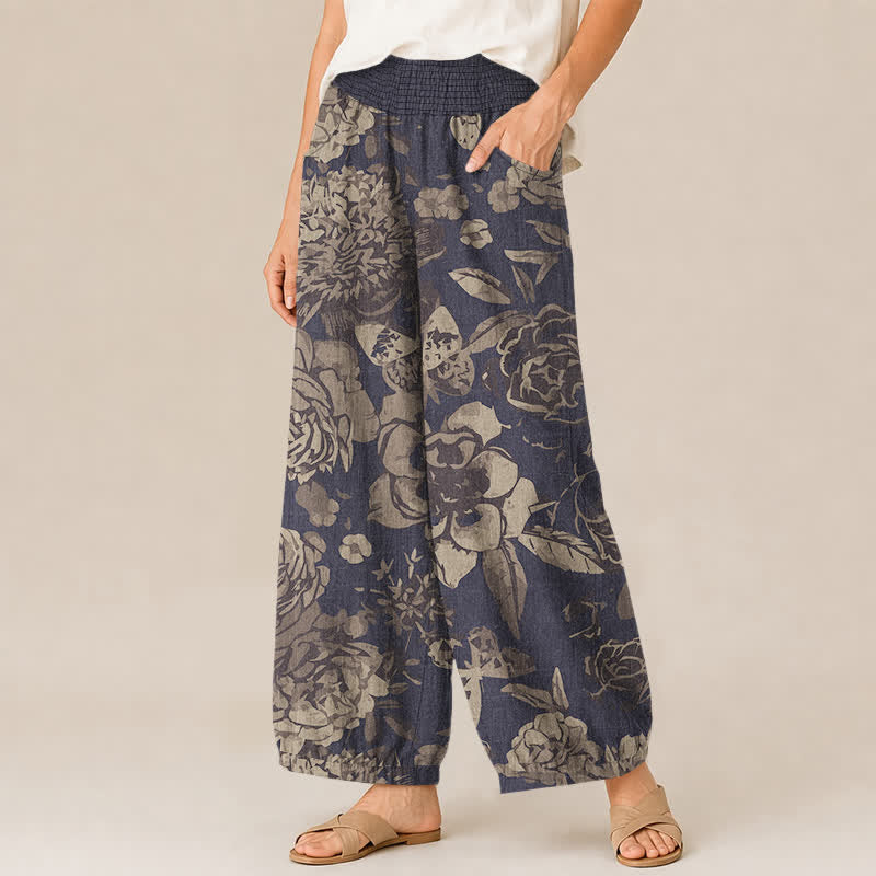 Buddha Stones Pantalones harem de algodón vintage con estampado de peonías y hojas, cintura elástica plisada y bolsillos para mujer. - image 1