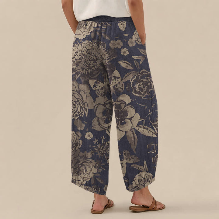 Buddha Stones Pantalones harem de algodón vintage con estampado de peonías y hojas, cintura elástica plisada y bolsillos para mujer. - image 2