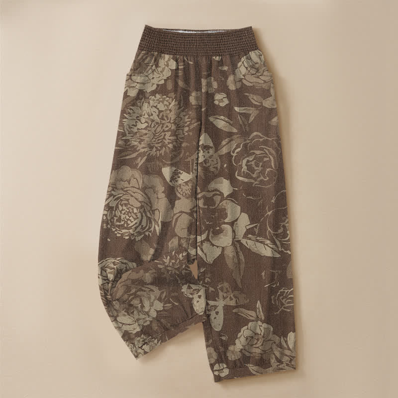 Buddha Stones Pantalones harem de algodón vintage con estampado de peonías y hojas, cintura elástica plisada y bolsillos para mujer. - image 9