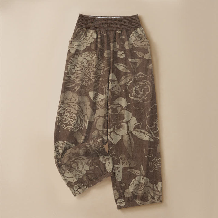 Buddha Stones Pantalones harem de algodón vintage con estampado de peonías y hojas, cintura elástica plisada y bolsillos para mujer. - image 9