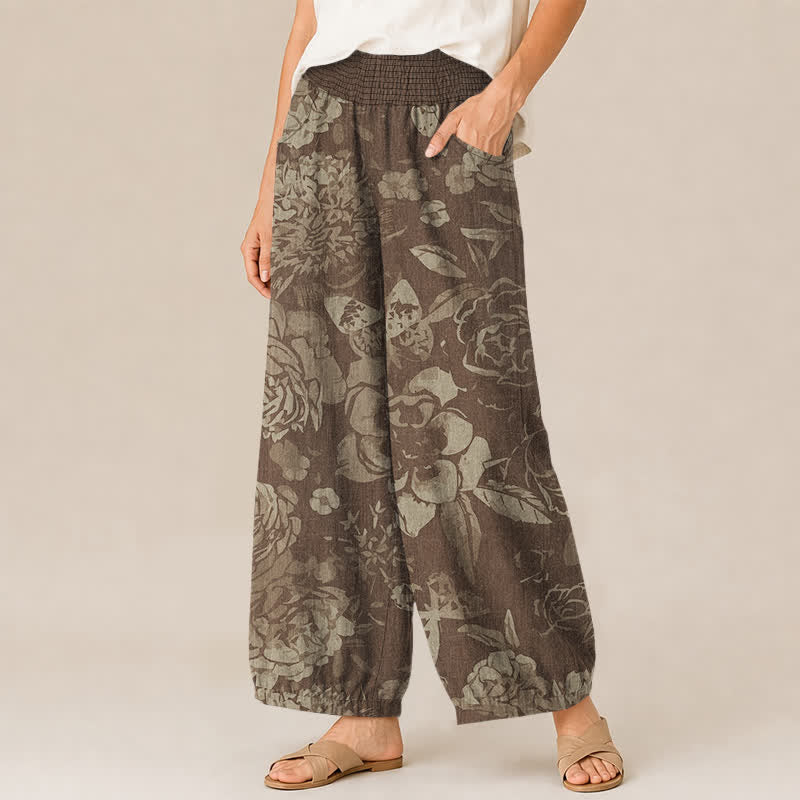 Buddha Stones Pantalones harem de algodón vintage con estampado de peonías y hojas, cintura elástica plisada y bolsillos para mujer. - image 7