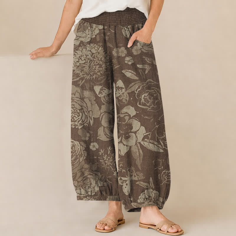 Buddha Stones Pantalones harem de algodón vintage con estampado de peonías y hojas, cintura elástica plisada y bolsillos para mujer. - Marrón silla de montar - US16，UK/AU20，EU48 (3XL) - image 6