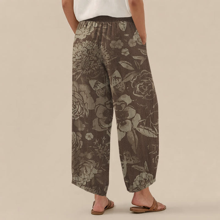 Buddha Stones Pantalones harem de algodón vintage con estampado de peonías y hojas, cintura elástica plisada y bolsillos para mujer. - image 8