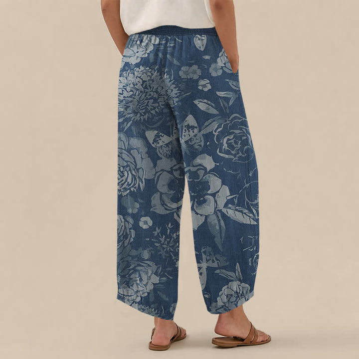 Buddha Stones Pantalones harem de algodón vintage con estampado de peonías y hojas, cintura elástica plisada y bolsillos para mujer. - image 12