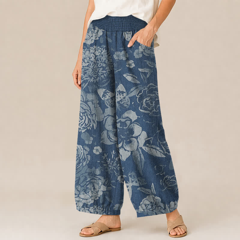 Buddha Stones Pantalones harem de algodón vintage con estampado de peonías y hojas, cintura elástica plisada y bolsillos para mujer. - image 11