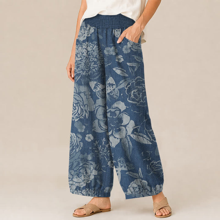 Buddha Stones Pantalones harem de algodón vintage con estampado de peonías y hojas, cintura elástica plisada y bolsillos para mujer. - image 11