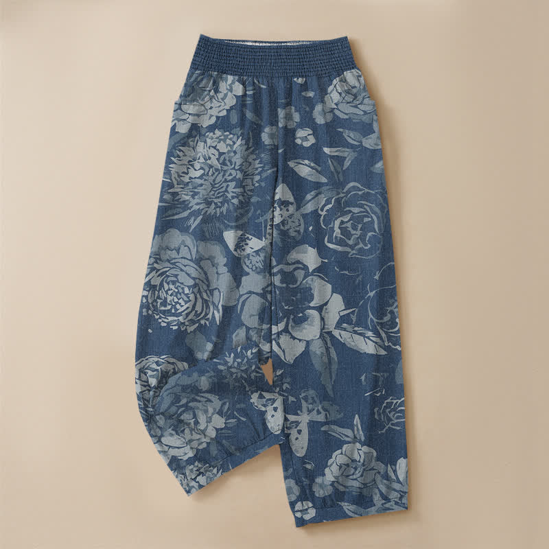 Buddha Stones Pantalones harem de algodón vintage con estampado de peonías y hojas, cintura elástica plisada y bolsillos para mujer. - image 13