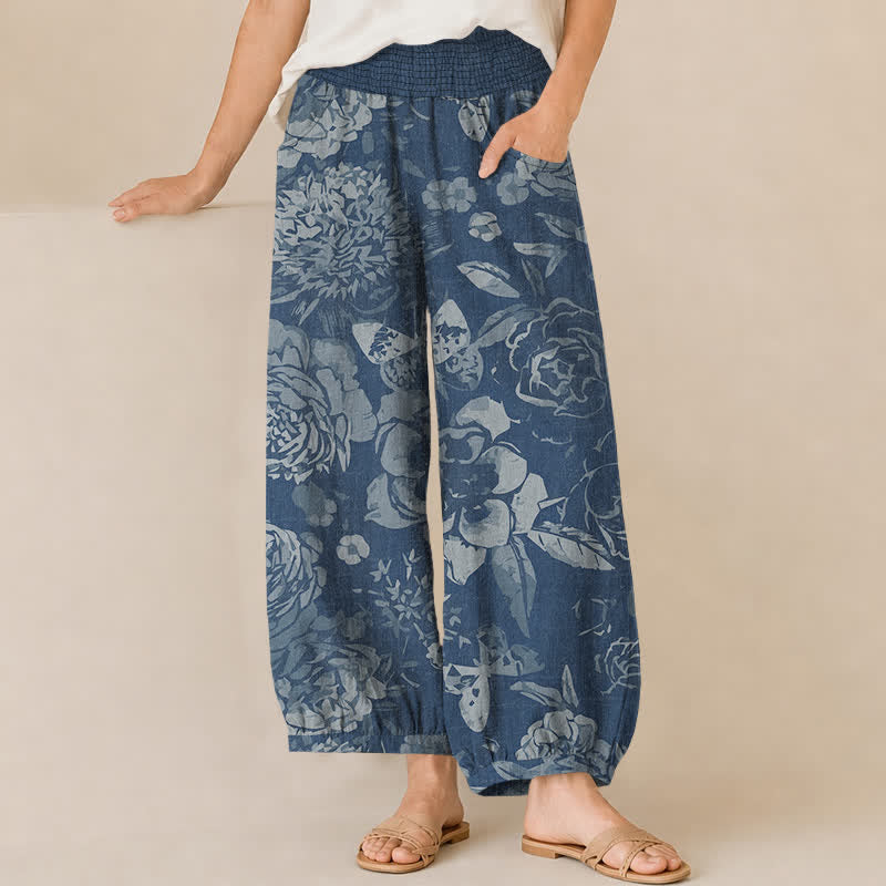 Buddha Stones Pantalones harem de algodón vintage con estampado de peonías y hojas, cintura elástica plisada y bolsillos para mujer. - Azul acero - US16，UK/AU20，EU48 (3XL) - image 10