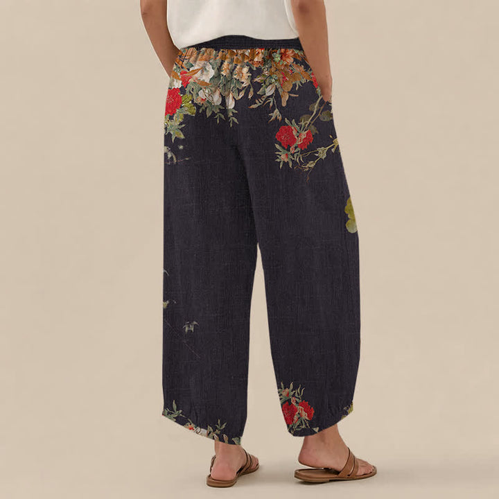Buddha Stones Pantalones harem de algodón estilo bohemio con estampado floral rojo, cintura elástica plisada y bolsillos para mujer. - image 2