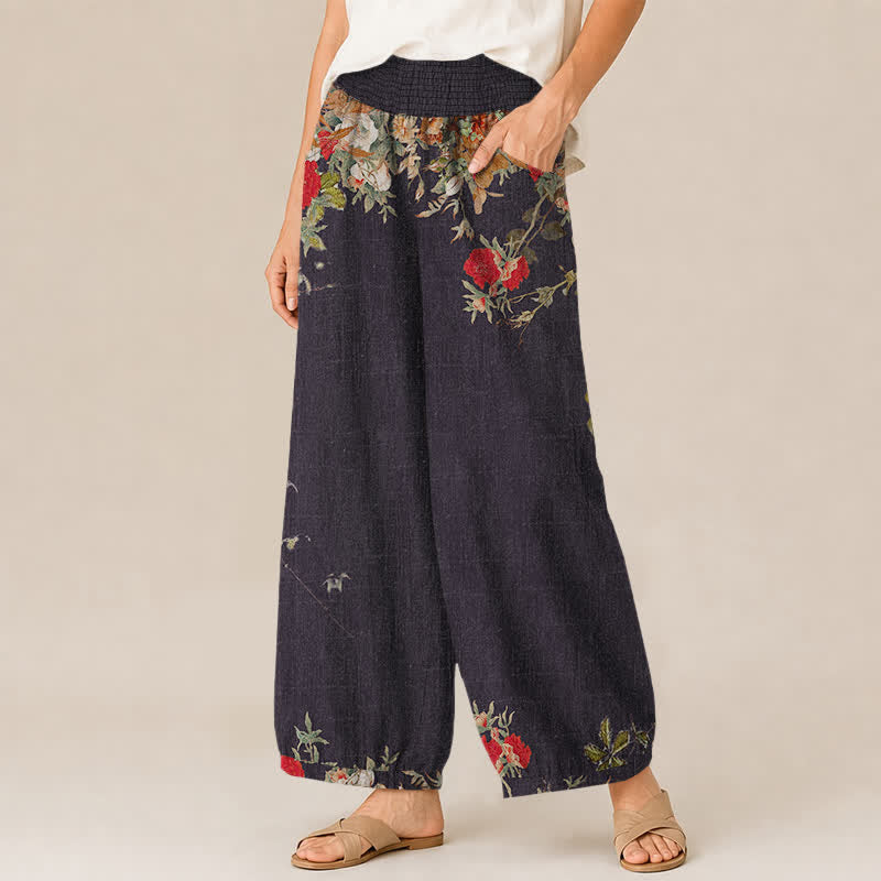Buddha Stones Pantalones harem de algodón estilo bohemio con estampado floral rojo, cintura elástica plisada y bolsillos para mujer. - image 1