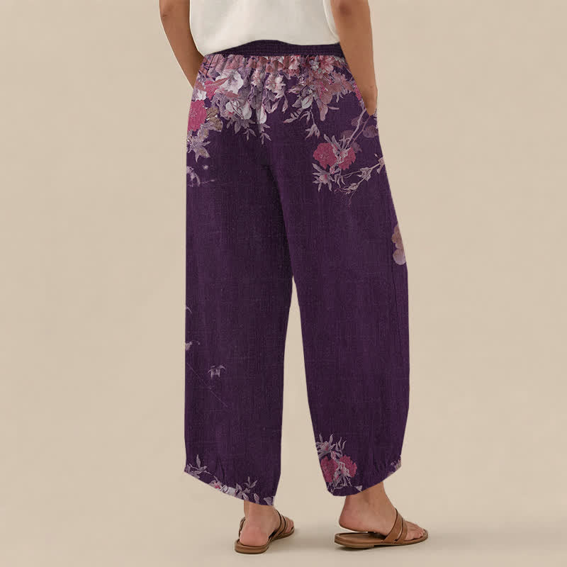 Buddha Stones Pantalones harem de algodón estilo bohemio con estampado floral rojo, cintura elástica plisada y bolsillos para mujer. - image 8