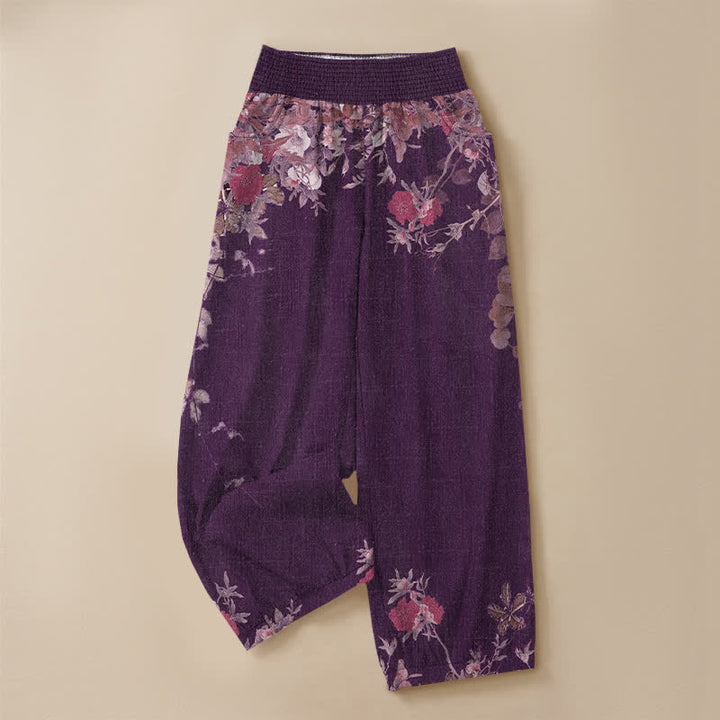 Buddha Stones Pantalones harem de algodón estilo bohemio con estampado floral rojo, cintura elástica plisada y bolsillos para mujer. - image 9