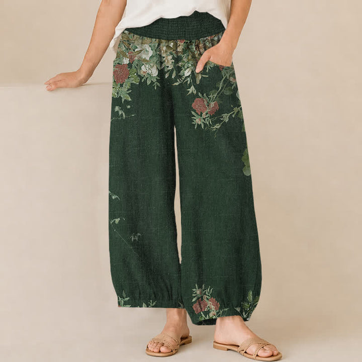 Buddha Stones Pantalones harem de algodón estilo bohemio con estampado floral rojo, cintura elástica plisada y bolsillos para mujer. - Verde bosque - US16，UK/AU20，EU48 (3XL) - image 10