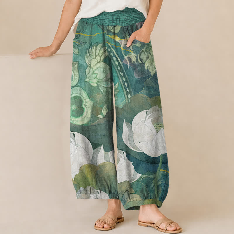 Buddha Stones Pantalones harem de mujer de algodón blanco con estampado de flor de loto, cintura elástica plisada y bolsillos. - Verde mar medio - US16，UK/AU20，EU48 (3XL) - image 0