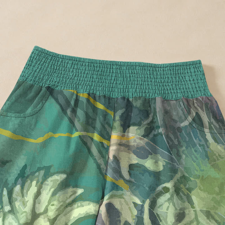 Buddha Stones Pantalones harem de mujer de algodón blanco con estampado de flor de loto, cintura elástica plisada y bolsillos. - image 4