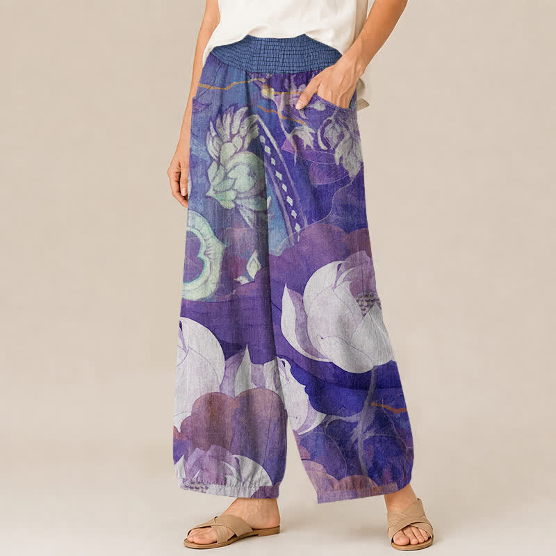 Buddha Stones Pantalones harem de mujer de algodón blanco con estampado de flor de loto, cintura elástica plisada y bolsillos. - image 11