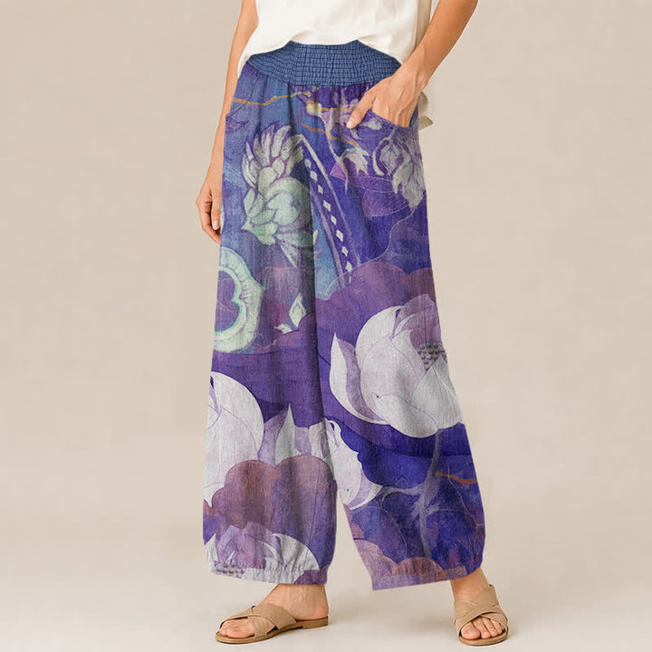 Buddha Stones Pantalones harem de mujer de algodón blanco con estampado de flor de loto, cintura elástica plisada y bolsillos. - image 11