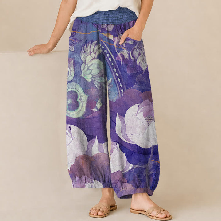 Buddha Stones Pantalones harem de mujer de algodón blanco con estampado de flor de loto, cintura elástica plisada y bolsillos. - Violeta azul - US16，UK/AU20，EU48 (3XL) - image 10