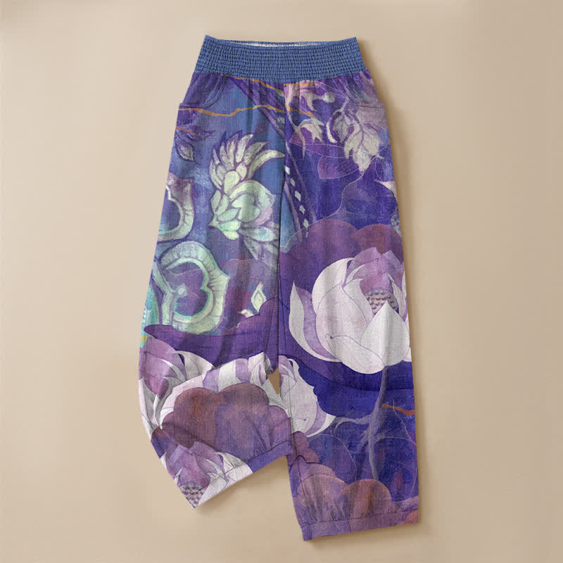 Buddha Stones Pantalones harem de mujer de algodón blanco con estampado de flor de loto, cintura elástica plisada y bolsillos. - image 13
