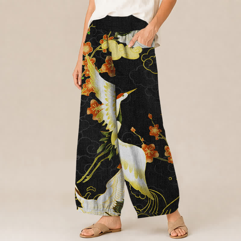 Buddha Stones Pantalones harem de algodón con estampado de grulla oriental y flores, cintura elástica plisada para mujer, con bolsillos. - image 1