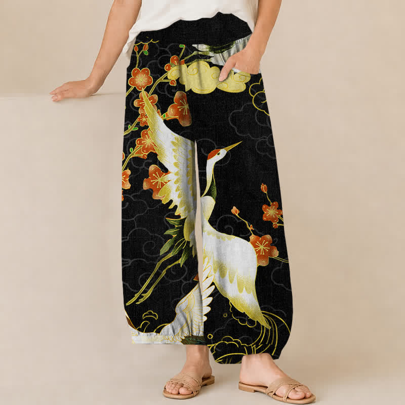 Buddha Stones Pantalones harem de algodón con estampado de grulla oriental y flores, cintura elástica plisada para mujer, con bolsillos. - Negro - US16，UK/AU20，EU48 (3XL) - image 0