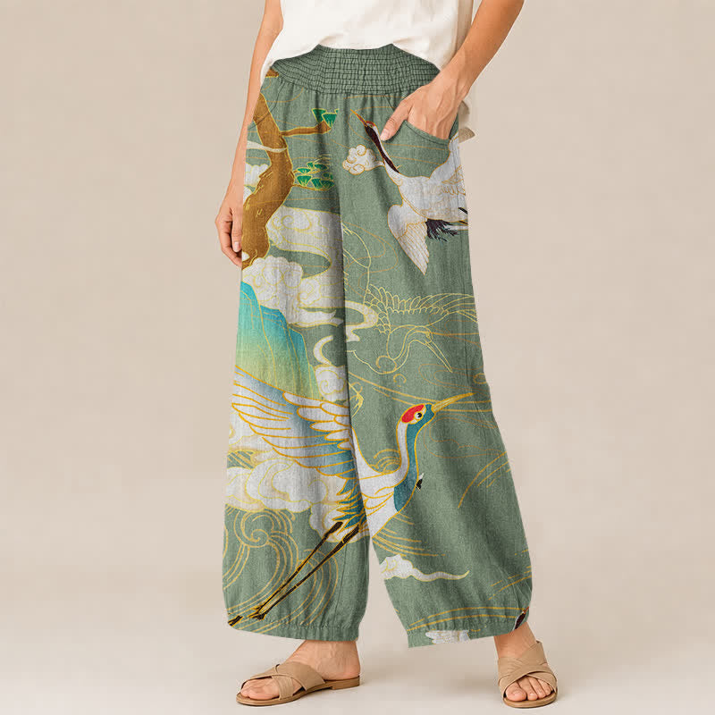 Buddha Stones Pantalones harem de algodón con estampado de grullas orientales y nubes, cintura elástica plisada y bolsillos para mujer. - image 11
