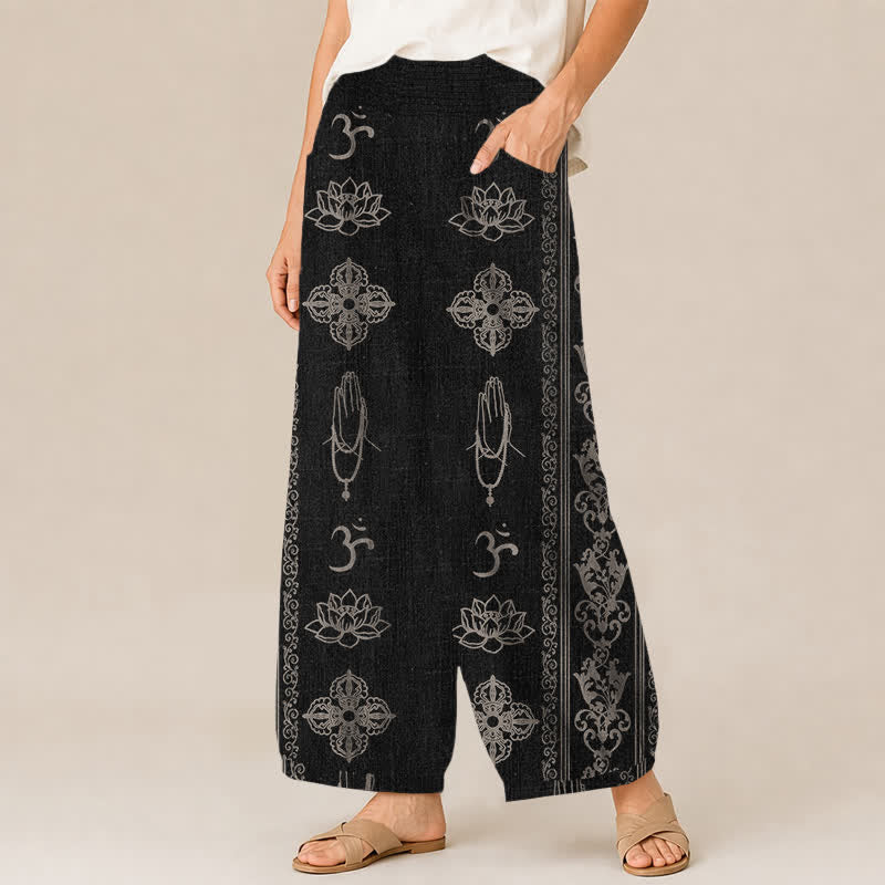 Buddha Stones Pantalones harem de algodón con estampado de loto doble Dorje Vajra Namaste Om, cintura elástica plisada y bolsillos para mujer. - image 1