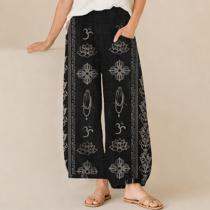 Buddha Stones Pantalones harem de algodón con estampado de loto doble Dorje Vajra Namaste Om, cintura elástica plisada y bolsillos para mujer. - Negro - US16，UK/AU20，EU48 (3XL) - image 0