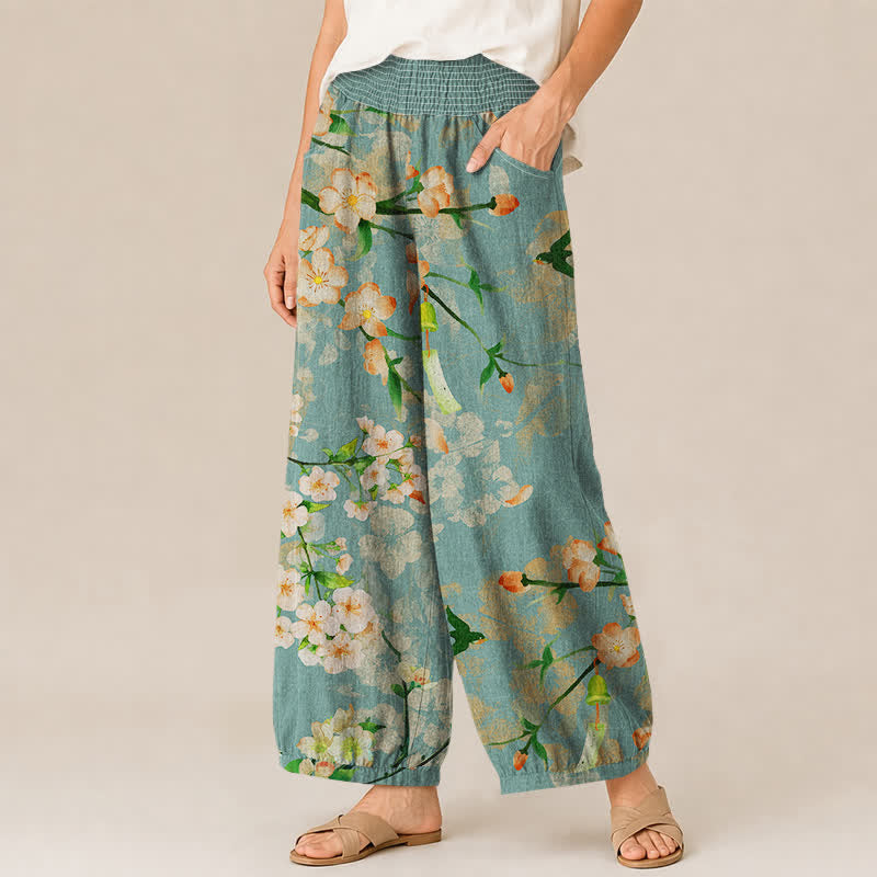 Buddha Stones Pantalones harem de algodón con estampado de flores de cerezo, cintura elástica plisada y bolsillos para mujer. - image 1