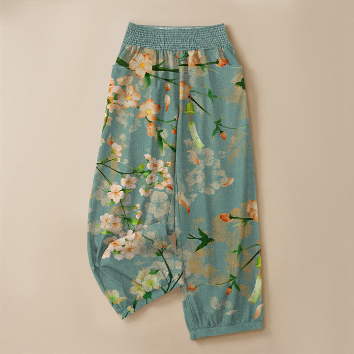 Buddha Stones Pantalones harem de algodón con estampado de flores de cerezo, cintura elástica plisada y bolsillos para mujer. - image 3