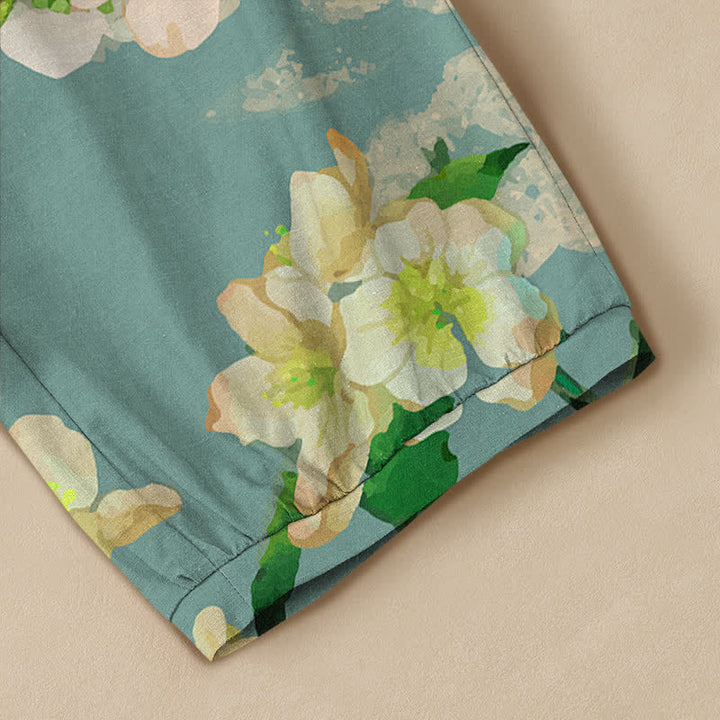 Buddha Stones Pantalones harem de algodón con estampado de flores de cerezo, cintura elástica plisada y bolsillos para mujer. - image 5